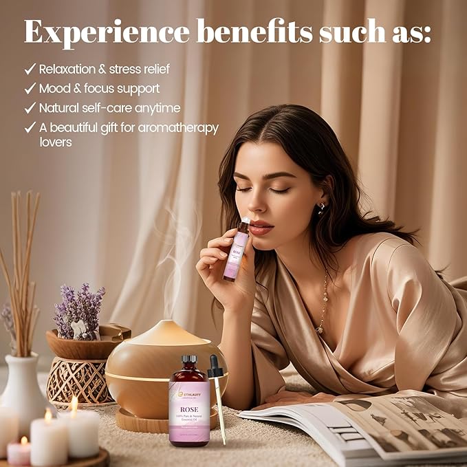 Rose Essential Oil 4.33 Fl Oz, 100% Natural Rose Oil Premium Grade for Diffusers, Skin Care, Massage, Humidifiers, DIY Candles, Soap Making, with Glass Dropper