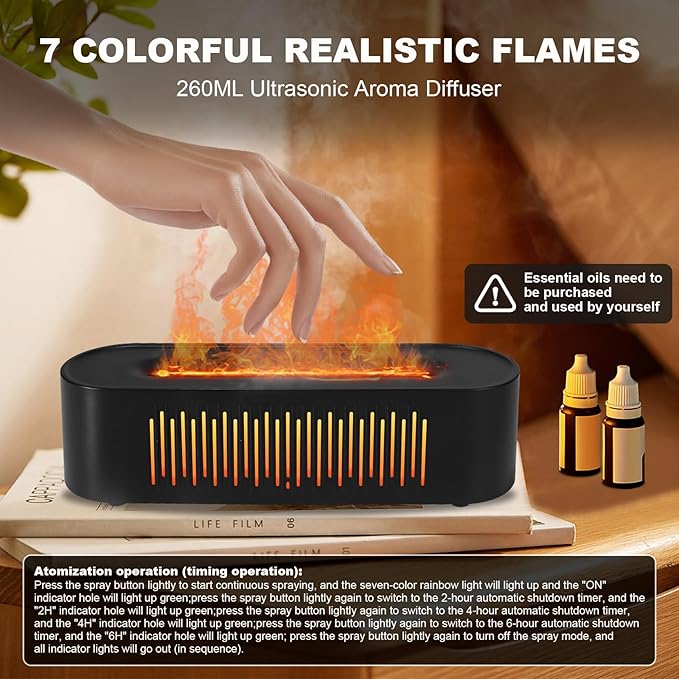 Volcano Humidifier Flame Fire Diffuser: 260ml Super Quiet Essential Oil Diffuser with 7 Colors Flame Light Spray Scent Humidifier with Waterless Auto Shut-Off Protection for Yoga Gym (Black)