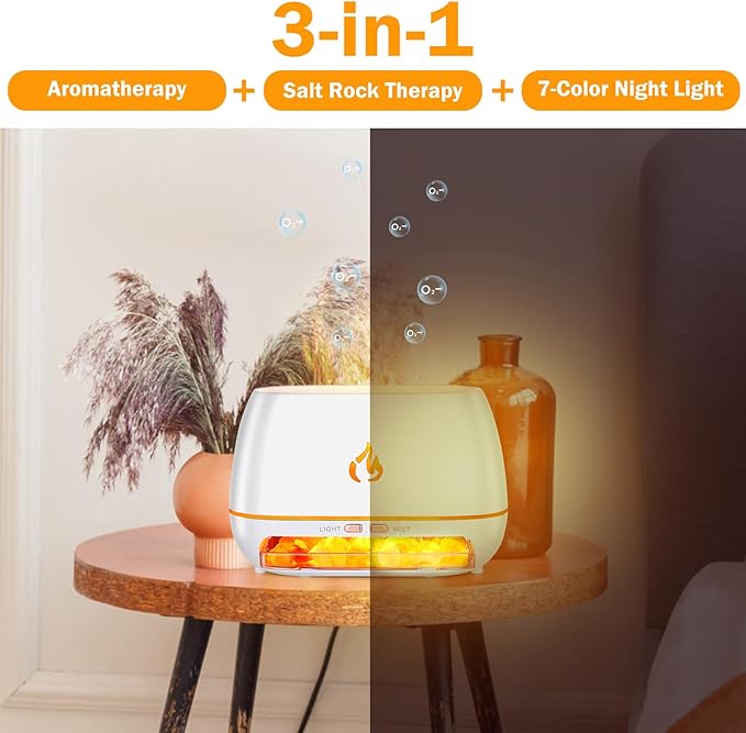 Essential Oil Diffuser & Himalayan Salt Lamp Diffuser & 7 Colors Changing Oil Diffuser,100% Pure Himalayan Pink Salt Rock, Waterless Auto off-200ml (White)