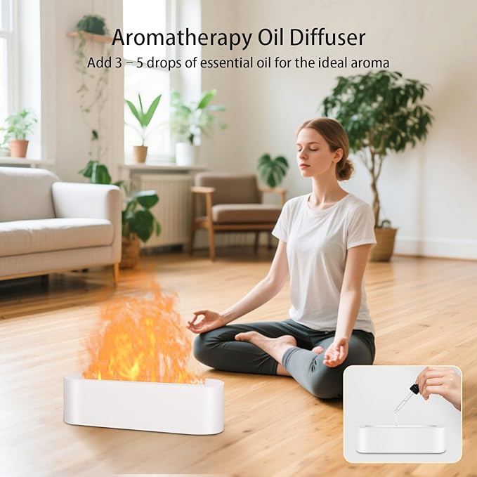 Essential Oil Diffuser, 180ml Flame Aroma Diffuser Humidifier, Ultrasonic Fireplace Aromatherapy Diffuser with 7-Color LED Light, Timer, Auto-Off for Bedroom Home & Room Decor(White)