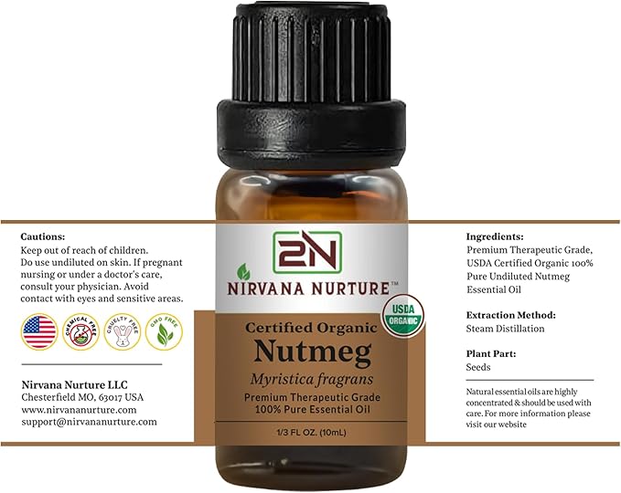 Nutmeg Essential Oil, USDA Certified Organic, 100% Pure Undiluted, Aromatherapy Oil for Diffuser, Hair & Skin Care