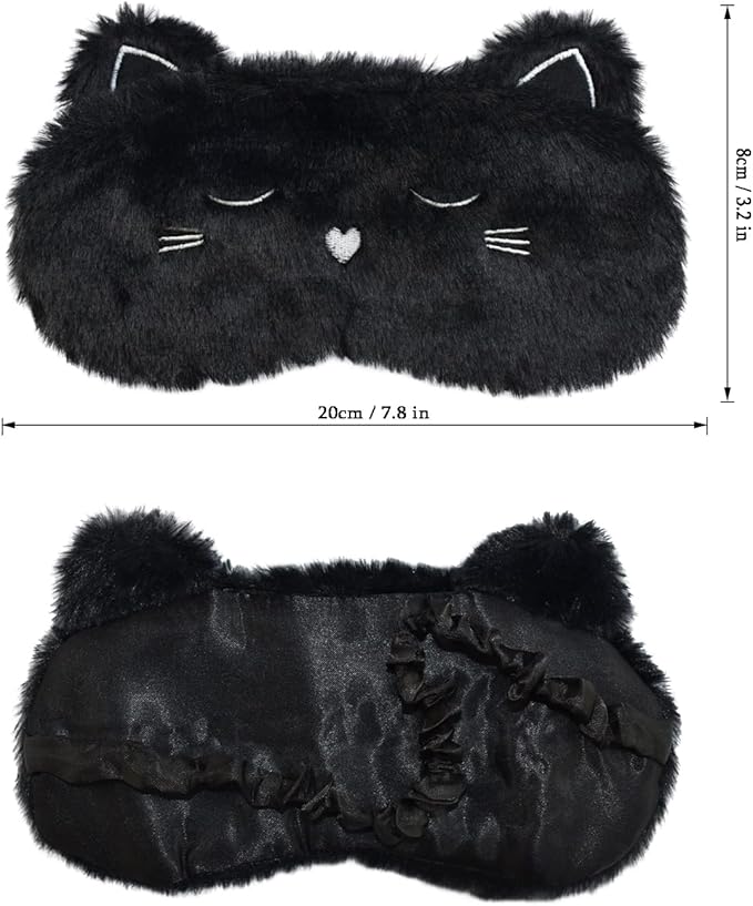 Cute Sleeping Mask, Black Cat Soft Plush Fluffy Sleep Mask Men Cartoon Kittens Blindfold Novelty Eye Cover Eyeshade Shade for Kids Girls and Adult Travel (Black, Cat)
