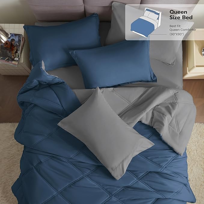Joiedomi California King Comforter Set with Sheets Navy Blue, 7 Pieces Bedding Set with 1 Down Alternative Comforter, 1 Flat Sheet, 1 Fitted Sheet, 2 Pillowcases and 2 Pillow Shams, Bed in a Bag