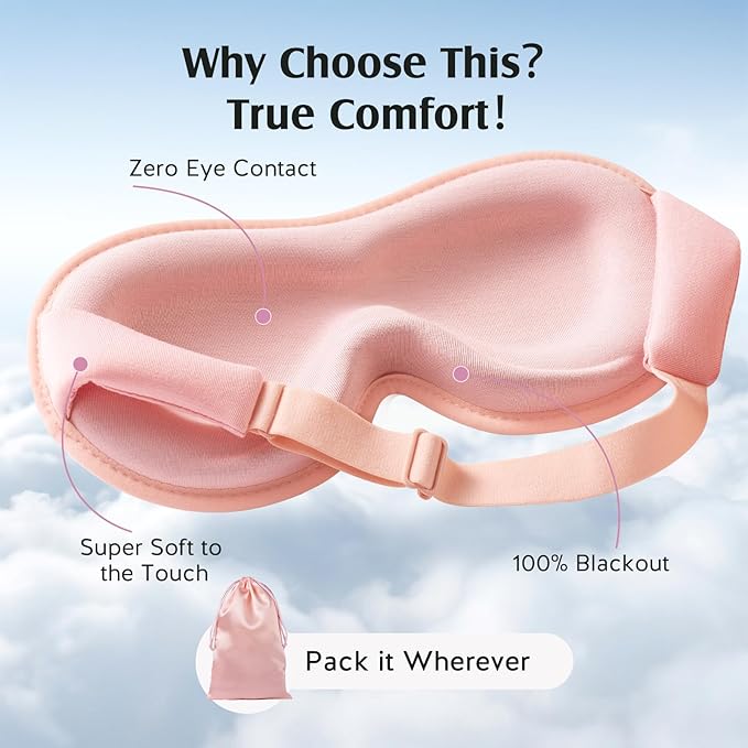 YFONG Sleep Mask for Lash Extensions, Bamboo Viscose & 100% Blackout Eye Mask for Sleeping Women Men, Soft 3D Contoured Zero Eye Pressure Blindfold for Travel, Breathable & Adjustable Eye Cover, Pink