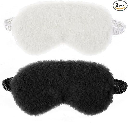 2 Pcs Plush Sleep Eye Mask Cute Soft Sleeping Blindfold Adjustable Furry Nap Eye Cover Night Comfortable Faux Fur Eyeshade for Plane Game Winter Men Women Gift(White, Black)