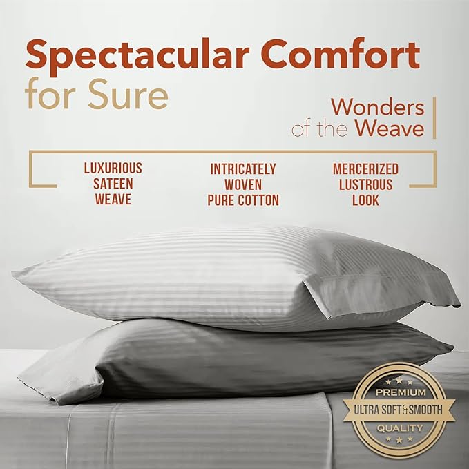TEXAS LINEN CO. Luxury Egyptian Cotton Twin Size Sheet Set - Texan Talkin' Damask 600 Series 3 PC Deep Pocket Fitted and Flat Sheets, Extra Long Staple Sateen Bedding, Dorm Room Sheets - Silver Stripe