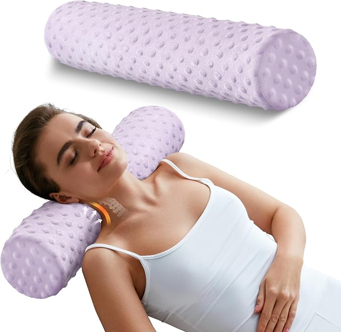 Memory Foam 5" Round Pillow, Cervical Neck Pillow for Pain Relief, Cylinder Pillows 18"x 5", Removable Cover, Neck Roll Pillow for Sleeping, Purple Velvet Dots