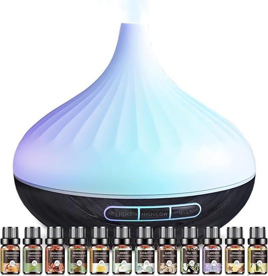 500 ML Diffuser for Home, Aroma Diffuser & 12 Essential Oils Set for Large Room, 14 Colour Changes, Timer and Auto-Off Function