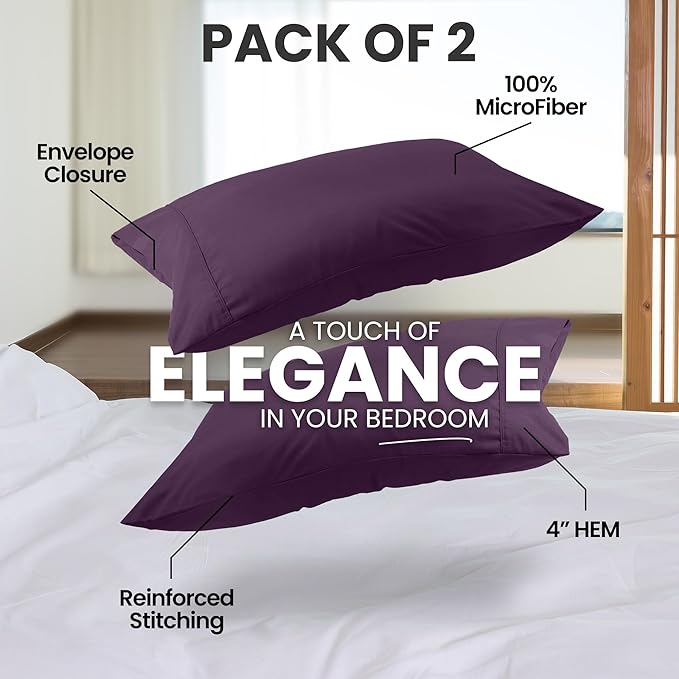 Utopia Bedding King Pillow Cases - 2 Pack - Envelope Closure - Soft Brushed Microfiber Fabric - Shrinkage and Fade Resistant Pillow Covers King Size 20 X 40 Inches (King, Purple)