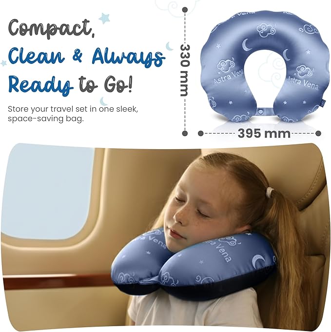 Child Travel Sleep Mask and Pillow Set - 2 in 1 Cute Character Design for Kids Rest, Naps and Relaxation. Soft Comfort with Bag Cover, Perfect for Flights, Car Trips 33cm (Blue)