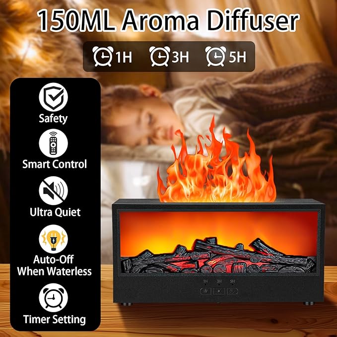 ONLYFU Fireplace Flame Diffuser, 7 Colors Air Aroma Humidifier for Home, 150ml Timer & Auto-Off Aromatherapy Essential Oil Diffuser with Remote for Spa, Yoga, Office (Black)