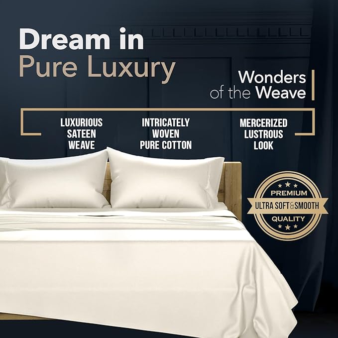 TEXAS LINEN CO. 100% Egyptian Cotton King Sheets Set - Luxury 1500 Series Couture Comfortin' Collection Egyptian Cotton Sheets King Size Bed Set (4 PC, Ivory), 17" Deep Pocket, Hotel Bedding Set