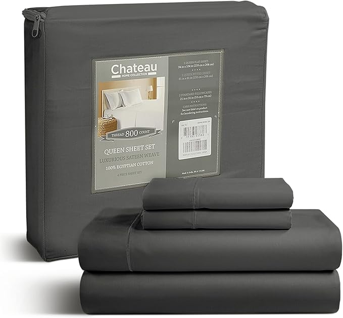 100% Cotton Sheets California King Size Sheets Set with Fitted Sheet & Pillowcase Sets, 800TC Sateen Weave 4PC 15" Deep Pocket CalKing Sheet Set, Soft & Comfy Luxury Bedding - Charcoal