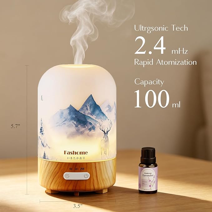 Essential Oil Diffuser, Hand Blown Glass Aromatherapy Diffuser, Ultrasonic Cool Mist Scent Aroma Humidifier, Diffuser Oil Machine Whisper Quiet with Auto Shut-Off for Home Bedroom Office(<25dB)