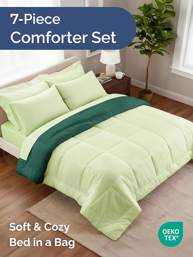Full Comforter Set - 7 Piece Bed in a Bag Full Size Bed Set - Down Alternative Comforter, Flat Sheet, Fitted Sheet, Pillowcase & Shams for All Seasons - Soft, Comfy & Breathable - Light Sage/Emerald