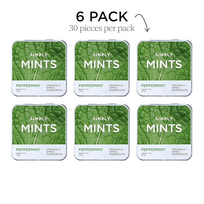 SIMPLY MINTS Natural Peppermint Breath Mints, 6 Pack (180 Pieces), Made With Real Peppermint Oil | Aspartame-Free, Sorbitol-Free, Xylitol-Free, Vegan, Kosher, Non-GMO
