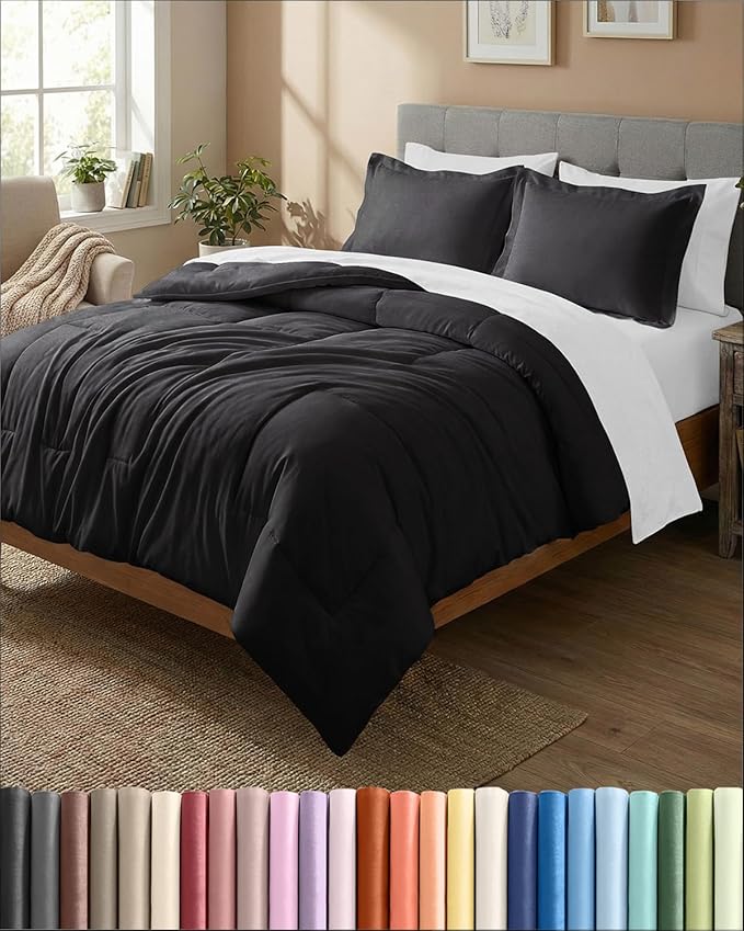 King Comforter Set - 3 Piece Bed Set for All Seasons - 1 Soft Quilted Comforter with Corner Tabs & 2 Pillow Shams - Comfy, Cozy & Breathable - Premium Down Duvet Insert - Oeko-TEX - King Size, Black