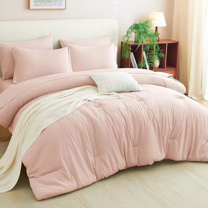 CozyLux Queen Comforter Set Blush Pink, 7 Pieces Bed in a Bag Queen Comforter Set with Sheets, Luxury Soft Bedding Sets with Down Alternative Comforter, Fitted Sheet, Flat Sheet, Pillowcases & Shams