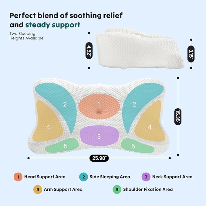 Sweetcrispy Cooling Ergonomic Memory Foam Cervical Pillow for Neck and Shoulder, Orthopedic Neck Support for Back Stomach Sleepers, Contour Side Sleeper for Adults, Queen, White