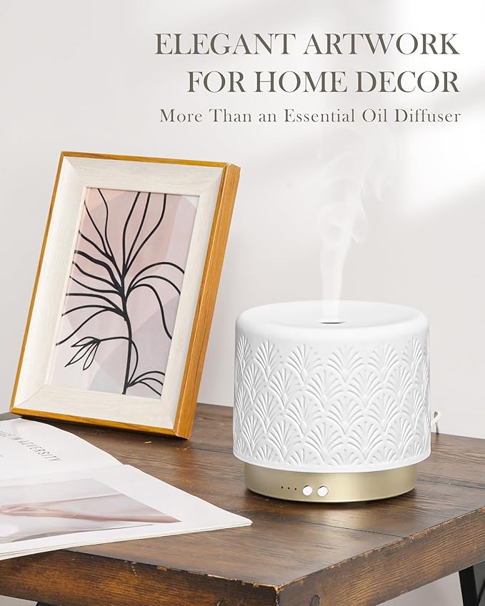 Ceramic Essential Oil Diffuser, 280ml 2.4MHz Ultrasonic Cool Mist Aromatherapy Diffuser with 12H/24H Runtime,Auto Shut-Off,Quiet Operation,3 Timer Settings for Large Room,Home,Office,SPA,Yoga,Gift