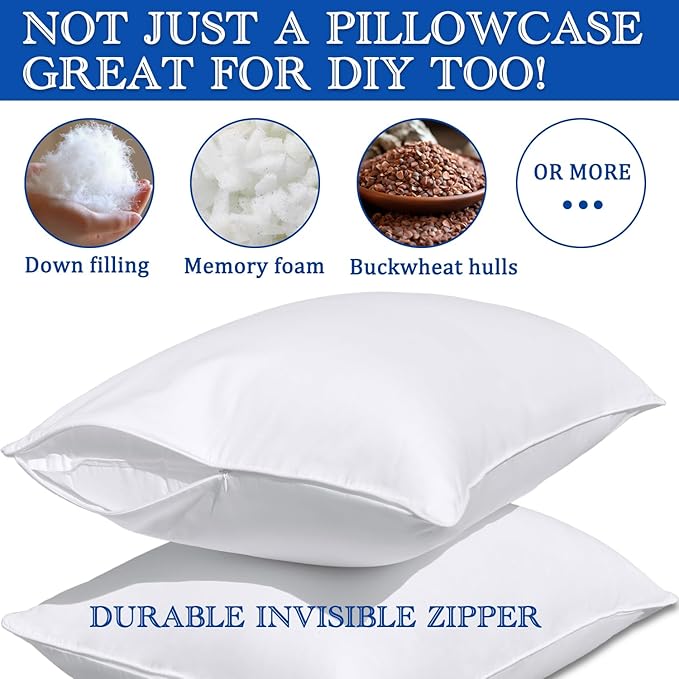 Precoco White Pillow Cases Standard Size Set of 4 | 100% Cotton Pillowcases with Zipper Hidden | Premium Cooling Decorative Pillow Covers with 600 Thread Count, Soft & Smooth, 20x26 inches