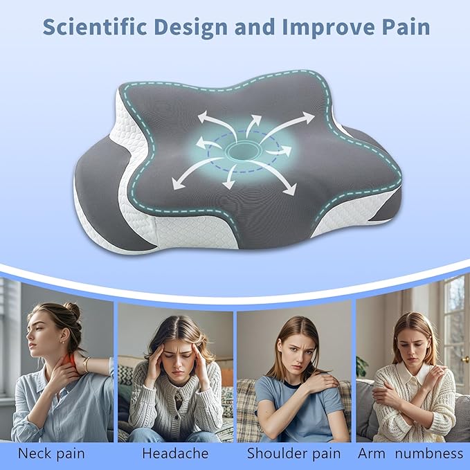 Memory Foam Cervical Pillow - Cooling Side Sleeper Pillow for Sleeping, Ergonomic Memory Foam Pillows for Neck Support, Contour Orthopedic Bed Pillow for Back Stomach Sleepers (Grey)