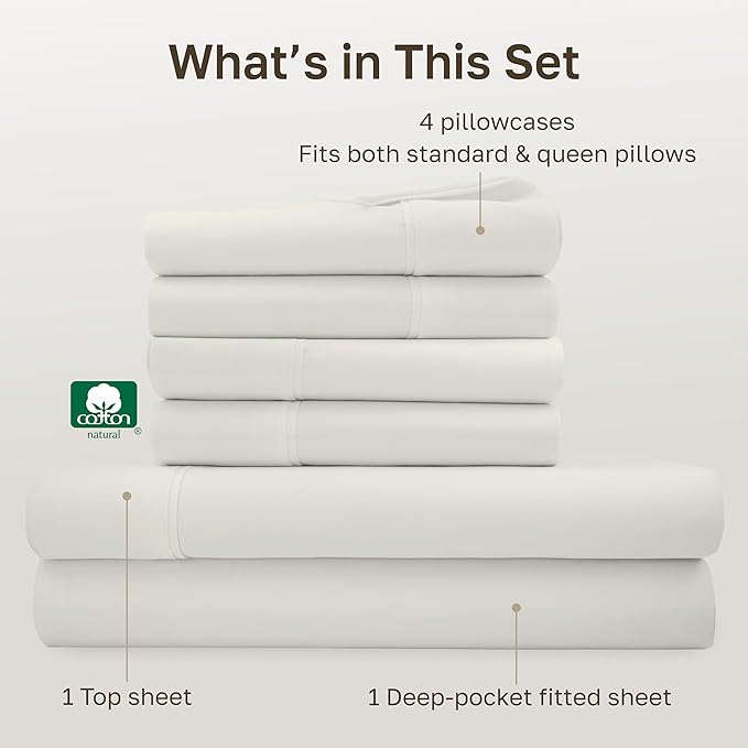 California Design Den 6-Pc Queen Size Sheet Set with 4 Pillowcases - 400 Thread Count 100% Cotton Sheets, Sateen Weave, Deep Pocket Bedsheets Set - Ivory (Pale Tone)