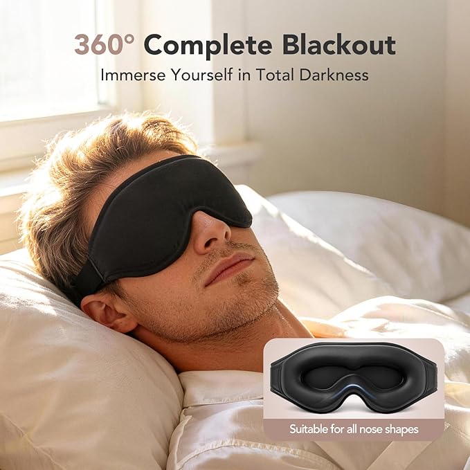 Sleep Mask for Side Sleepers, 100% Blackout Eye Mask for Sleeping with 3D Deep Contoured Cups, Zero Pressure Lash-Friendly, Adjustable Light Blocking Travel Mask for Men & Women, Black