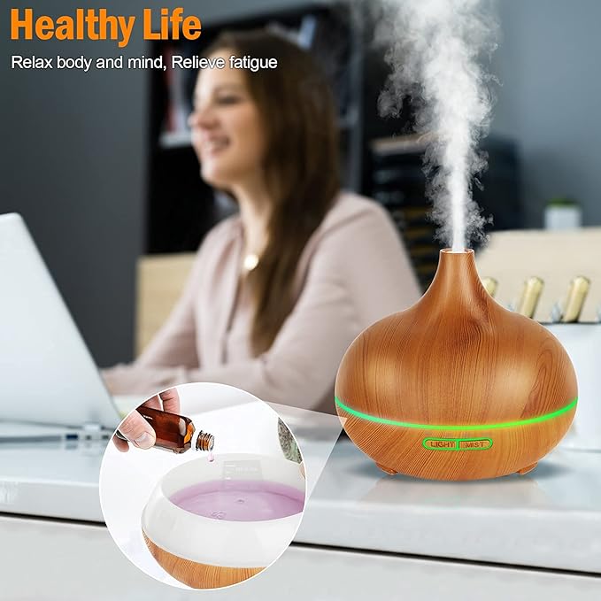 Aroma Diffuser for Essential Oils，550ml Aromatherapy Diffuser Ultrasonic Cool Mist Humidifier for Home with 7 Light Colors, 4 Timer Setting, Waterless Auto Off