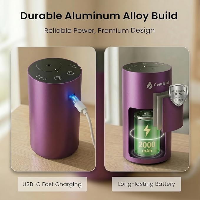 GentleJet LiteMist Waterless Nebulizing Essential Oil Diffuser – Cold Air Aromatherapy, USB-C Cordless 2000mAh Battery, Aluminum Portable for Home Office Car, 20ml