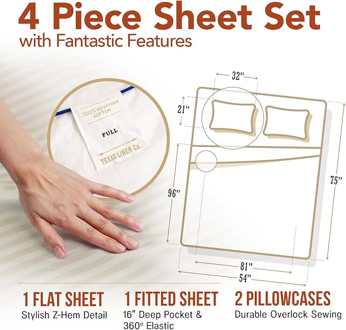 TEXAS LINEN CO. Luxury Egyptian Cotton 4 Piece Full Size Sheet Set - Texan Talkin' Damask 600 Series Deep Pocket Fitted and Flat Sheets, Cooling Extra Long Staple Sateen Hotel Bedding - Beige Stripe