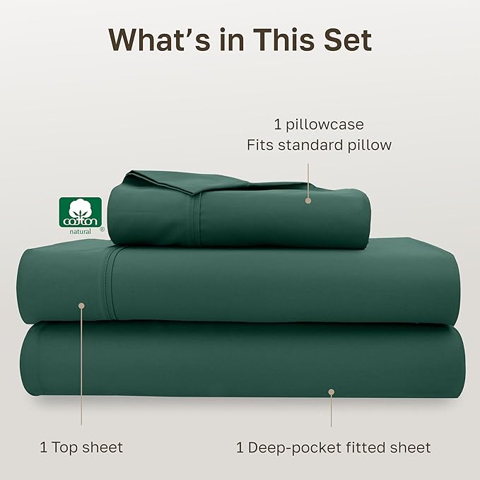 California Design Den Soft 100% Cotton Sheets Twin Size Set, 400 Thread Count Good Housekeeping Award Winner, Silky Sateen Weave, Long Staple Cotton Bed Sheet Set - Hunter Green