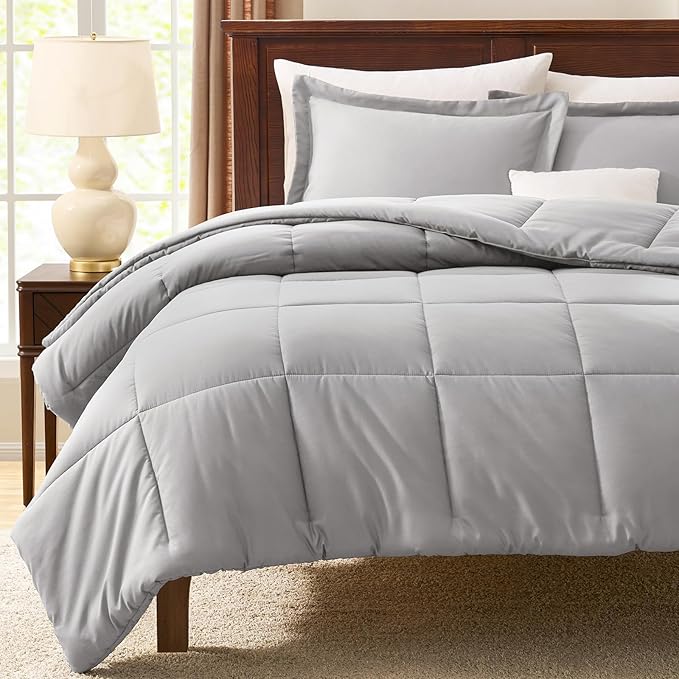 CozyLux King Size Comforter Set - French Grey Comforter King, 3 Pieces Box Stitched Bed Set for All Seasons, Soft Lightweight Bedding Sets with 1 Down Alternative Comforter and 2 Pillow Shams