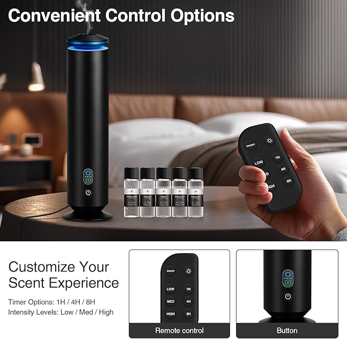 Upgraded Waterless Scent Diffuser Starter Kit - 1500 Sq Ft Coverage, Scent Diffuser for Home, Hotel, Studio, Essential Oil Diffuser Large Room, 7 Mood Lights Setting, 5 Essential Oils Included