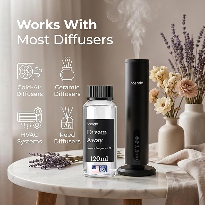 Scentia Dream Away Premium Floral Fragrance Oil for Diffusers – Spring Summer Luxury Home Scent with Jasmine, Lavender & Amber – Cold Air & HVAC Diffuser Oil Refill – 120 ml (4.06 fl oz)