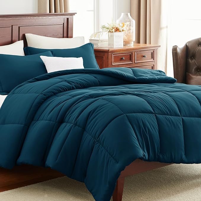 CozyLux King Size Comforter Set - Lyons Blue Comforter King, 3 Pieces Box Stitched Bed Set for All Seasons, Soft Lightweight Bedding Sets with 1 Down Alternative Comforter and 2 Pillow Shams