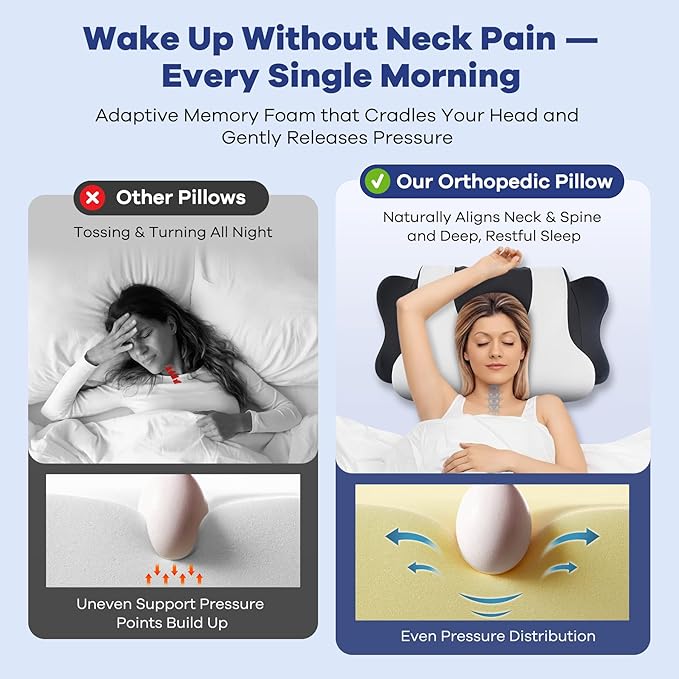 Cervical Neck Pillow for Pain Relief,Cervical Pillow with Memory Foam Ergonomic Pillows with Dual Heights for Back, Stomach and Side Sleepers Kids' Floor Pillows Cushions (Black, Standard 26"×15")