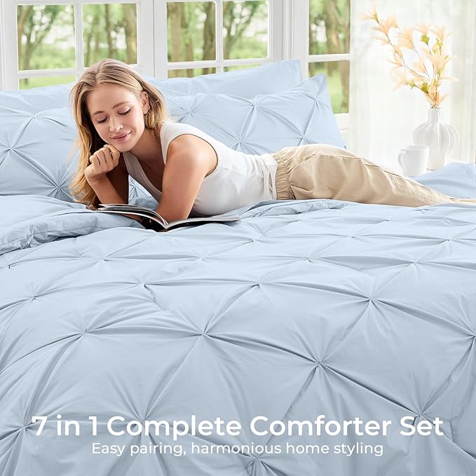 Sasttie Twin Comforter Set, 5-Piece Bed in a Bag, Pintuck Bedding Sets for All Season, Includes Comforter, Flat Sheet, Fitted Sheet, Pillowcase and Pillowsham, Light Blue