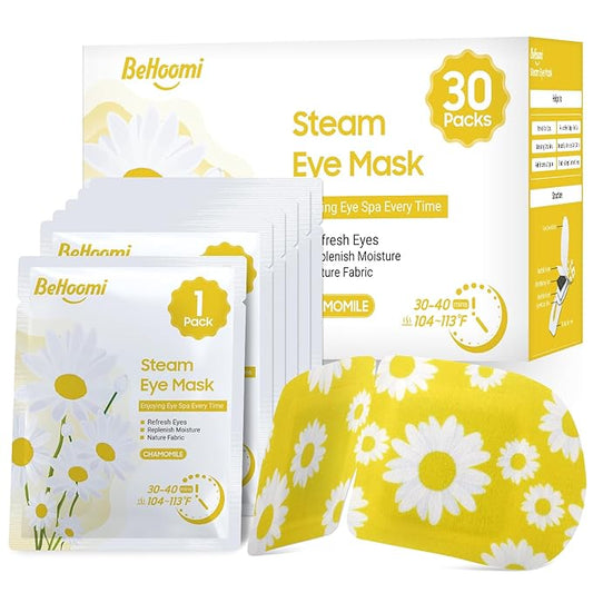 BeHoomi 30Packs Steam Eye Mask, Heated Eye Mask Warm Compress for Eyes, Self Heating Disposable Steam Mask for Home Sleep, Spa, Travel Essentials & Relaxation Gifts, Mothers Day Gifts (Chamomile)