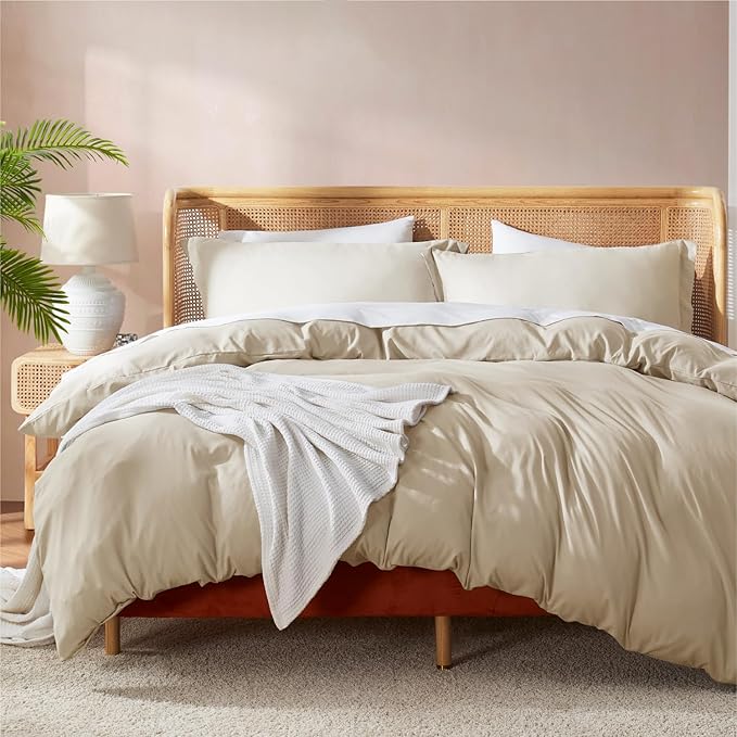 Nestl Queen Duvet Cover Set with Comforter Insert - Beige Cream 4 Piece 90x90 Duvet Cover & 2 Pillow Shams with White Quilted Down Alternative Comforter, Ultra Soft, All Season