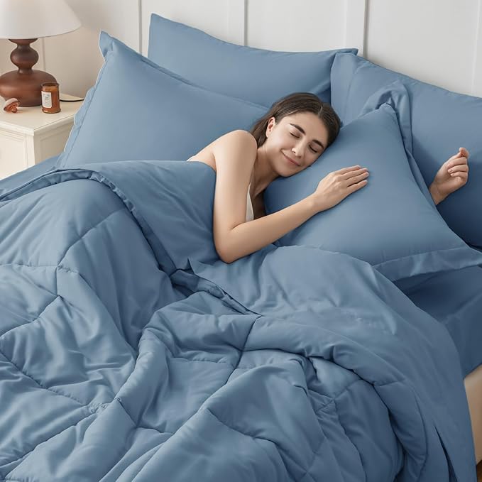 JOLLYVOGUE King Comforter Set, Ultra-Soft Bed in a Bag King Size 7 Pieces, Oeko-TEX Certified Bedding Set with Down Alternative Comforter, Sheets, Pillowcases & Shams, Dusty Blue