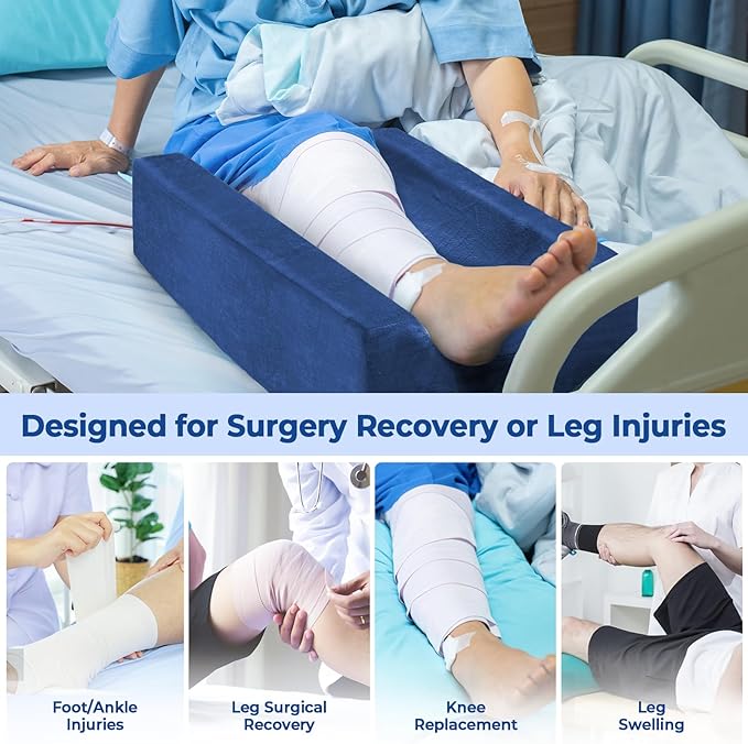 KingPavonini 4-Height Adjustable Leg Elevation Pillows for After Surgery with Ergonomic Curve, Memory Foam Wedge Pillow for Legs Swelling, Blood Circulation and Pain Relief, Blue (Single Leg)