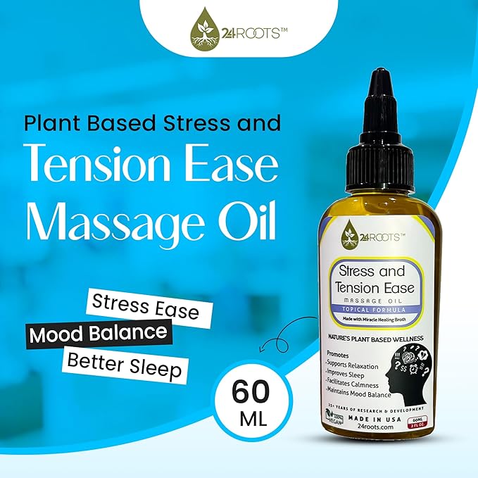 Plant Based Stress and Tension Ease Massage Oil - Supports Relaxation, Helps with Sleep, Aids in Calmness, and Helps Mood Balance - 24+ AYURVEDIC Herbs - 100% Vegan (2 Fl Oz/60 ML)