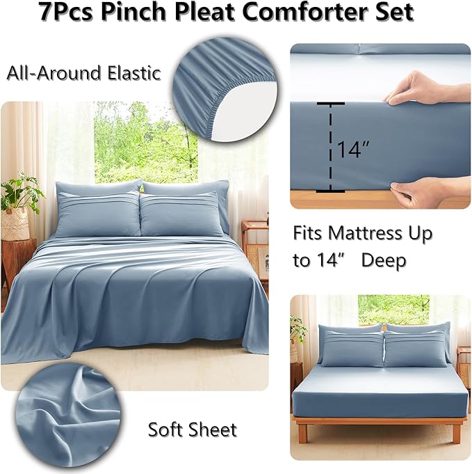 CozyLux Queen Comforter Set Grayish Blue, 7 Pieces Soft Pinch Pleat Bed in a Bag Queen Comforter Set with Sheets, Boho Bed Set with Down Alternative Comforter, Sheets, Pillowcases & Shams