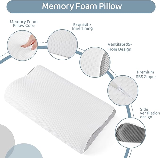 Cervical Neck Pillow for Neck Pain Relief - Ergonomic Memory Foam Pillows,Neck Pillow for Sleeping, Side Back Stomach Sleepers,Breathable & Washable Cover, White (Medium Soft)