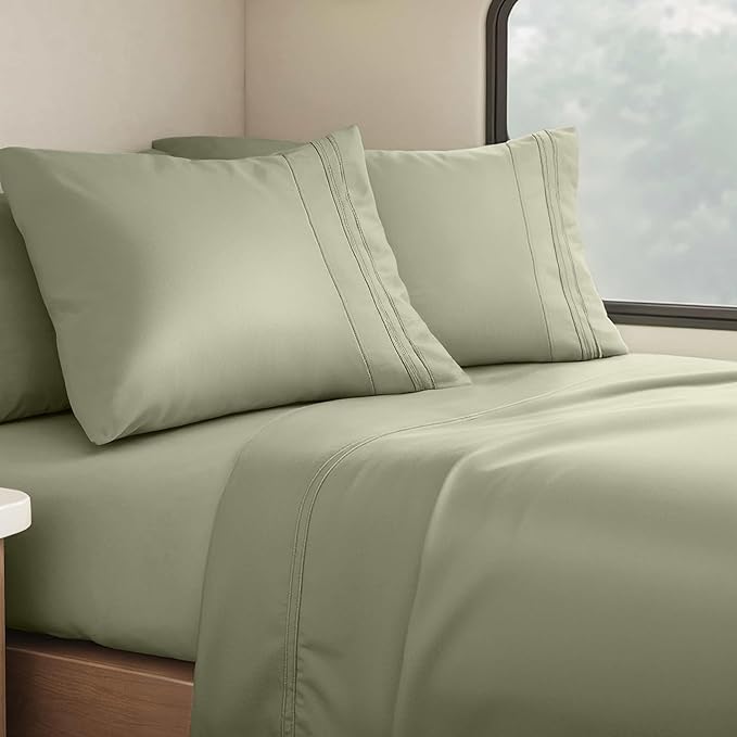 Clara Clark Bed Sheets, Premier 1800 Series 4 Piece RV Queen Sheet Set, Luxury Soft Sheets for RV Bunks, Short Queen - Sage Green