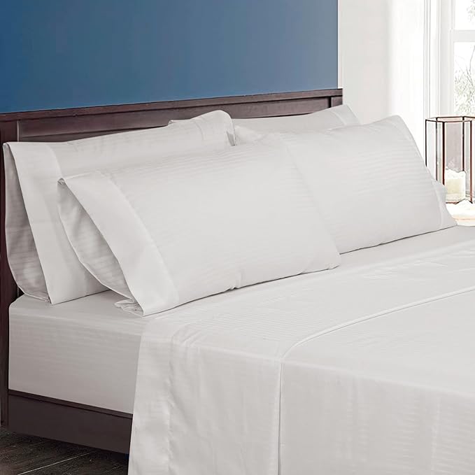 ROYALE LINENS 300 Thread Count Poly Cotton Sheet Set - 6 Piece California King Bed Sheets - 1 Fitted, 1 Flat, 4 Pillow Cases -Soft Cool & Crisp Sheet Set (Cal King, Bright White)