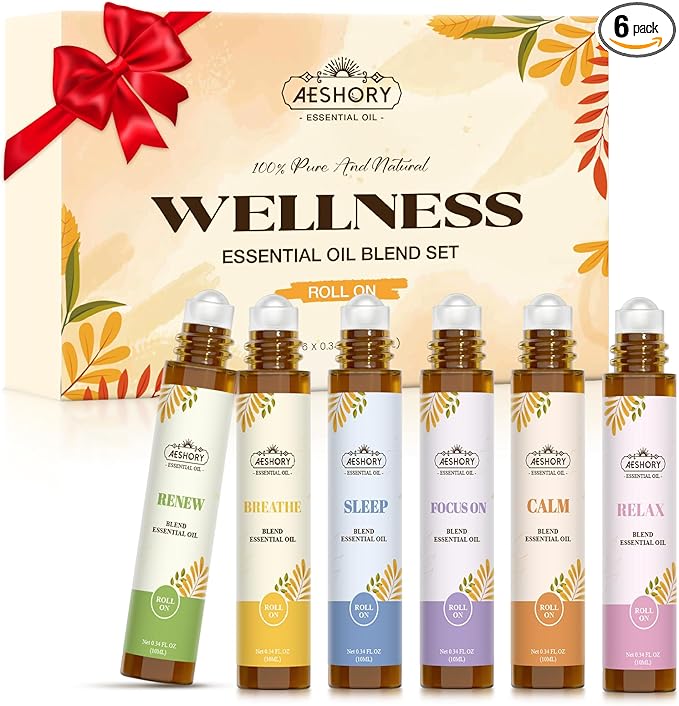 Essential Oils Roll On Set,Gifts for Mom & Wife (Calm, Relax, Breathe, Focus on, Sleep, Renew), Natural Aromatherapy Oil Blend Kit with Roller Ball for Massage, Body Skin Care, Relaxation Gift