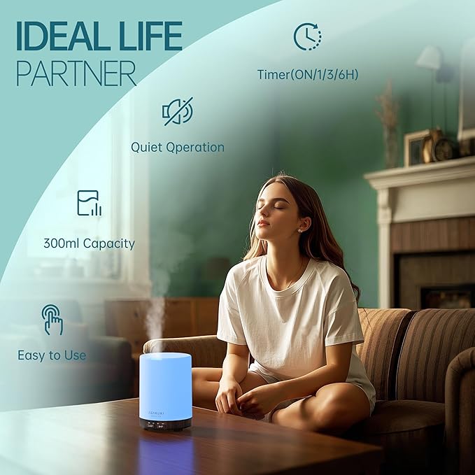 ASAKUKI Essential Oil Diffuser for Home, 300 ml Humidifier with Automatic Shut-Off, Quiet Aromatherapy Diffuser with 7 LED Lights for Living Room, Kitchen, Bedroom, Hotel, Gift for Mom - Black