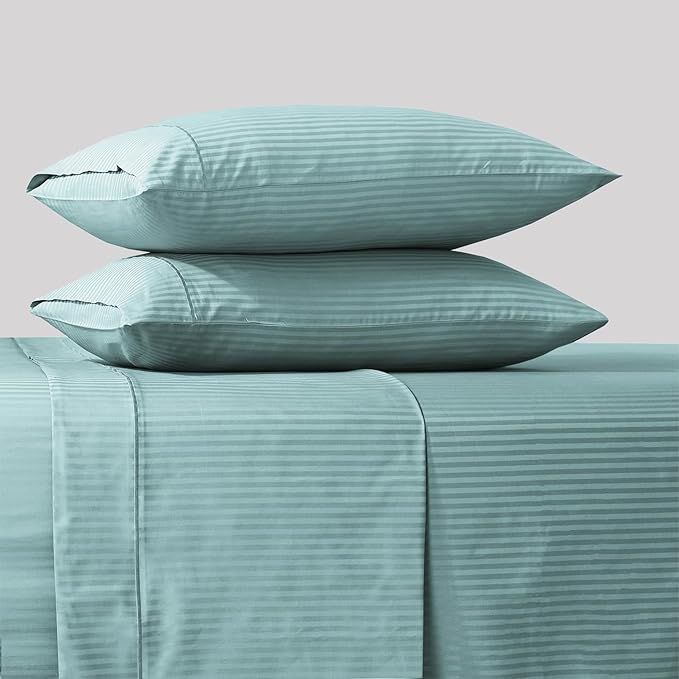 Feather & Stitch 500 TC King Size Bed Sheet Set, 100% Cotton Soft Breathable Bedsheets, 4 Piece 18" Deep Pockets Sateen Weave Striped Bedding Mattress Resort Hotel Luxury - (Granite Green Stripe)